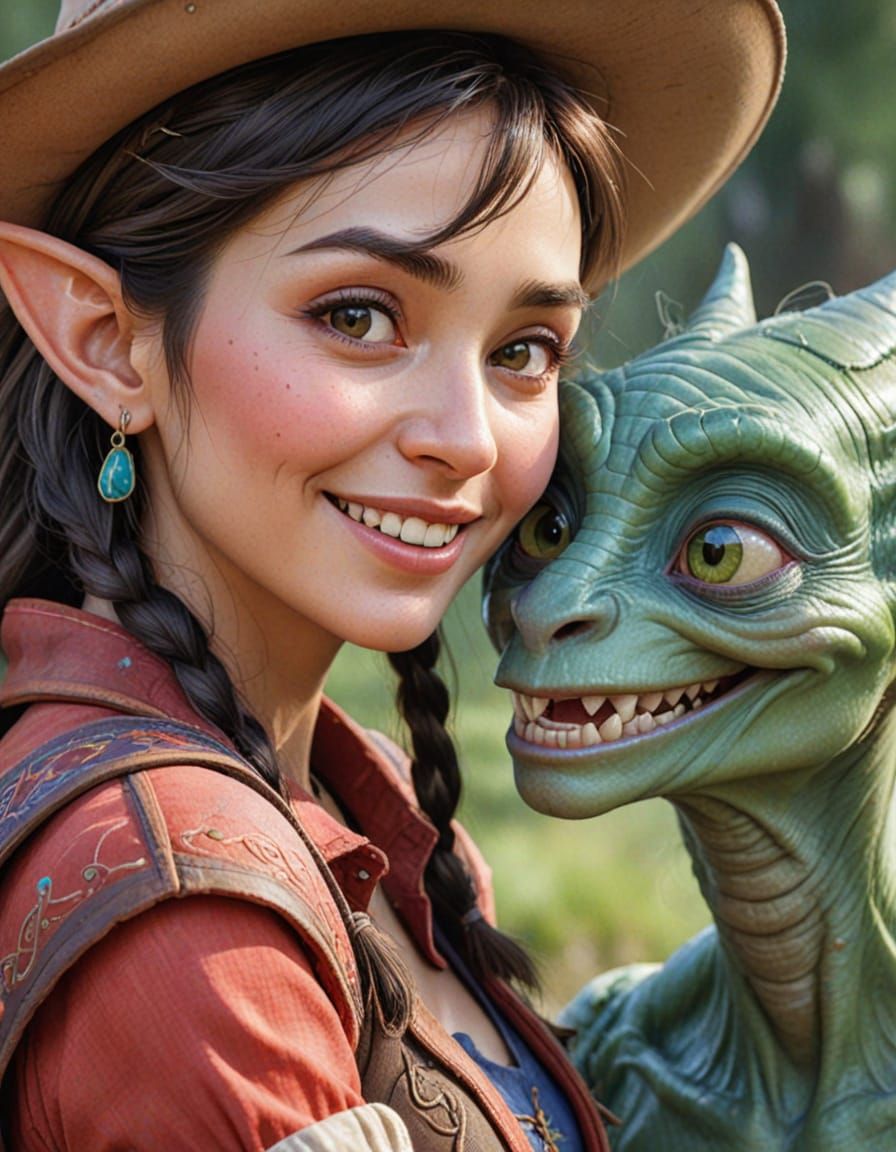 Fanciful Watercolor Portrait of a Female Elf and Alien Paras...