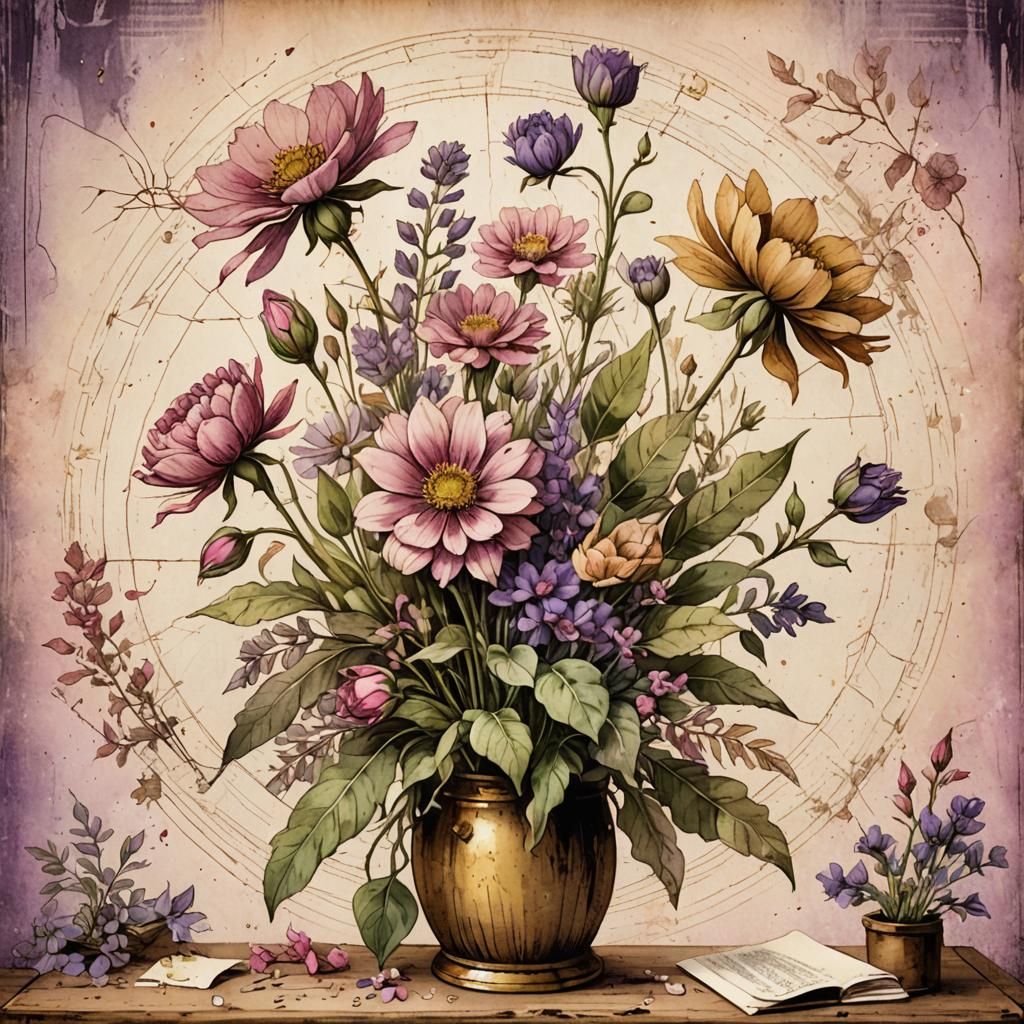 Botanical Flowers on Antique Desk, Mixed Media Art