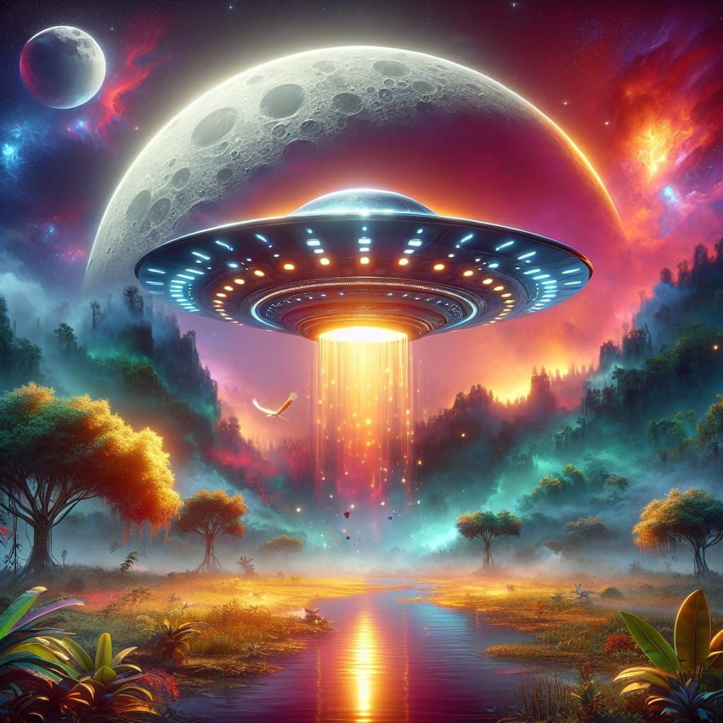 UFO Radiates Light in Jungle Matte Painting