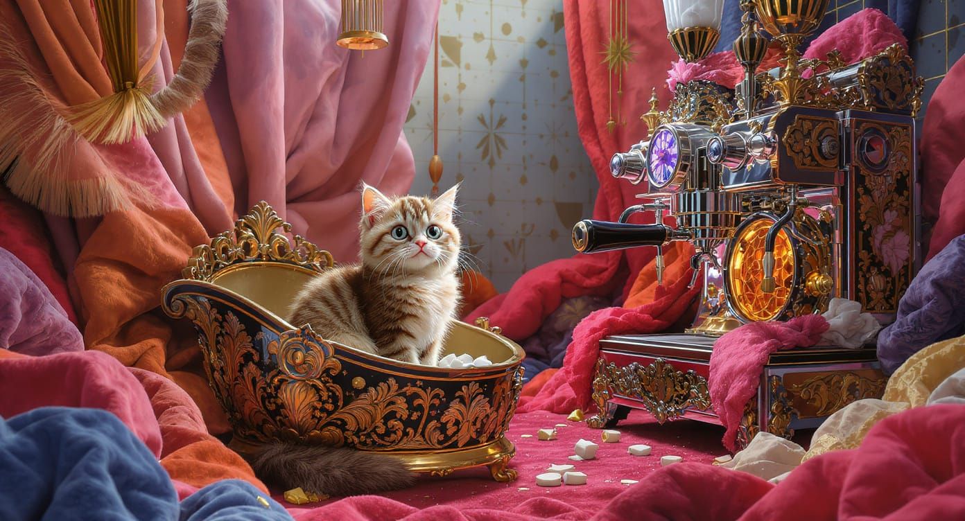 Ornate Cat Cafe Scene: Surreal Concrete Art