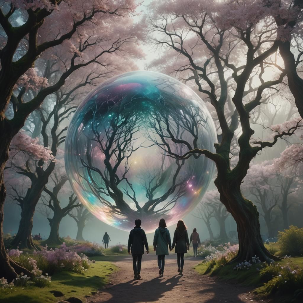 Colossal Transparent Sphere with Iridescent Mist Paths