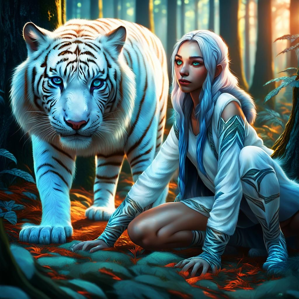 Mystical White Tiger Girl in Forest: Fantasy Art