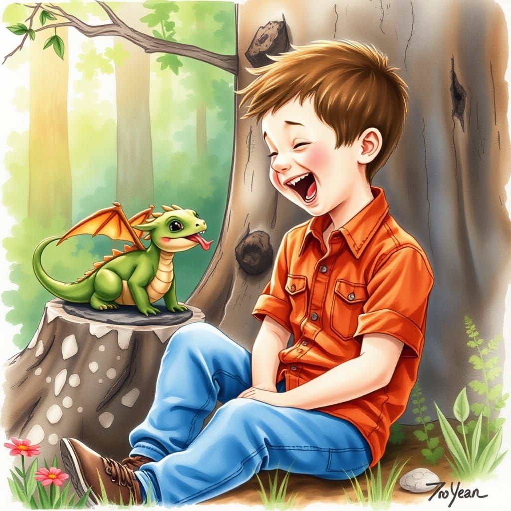 Watercolor: Boy and Dragon Laughing Together