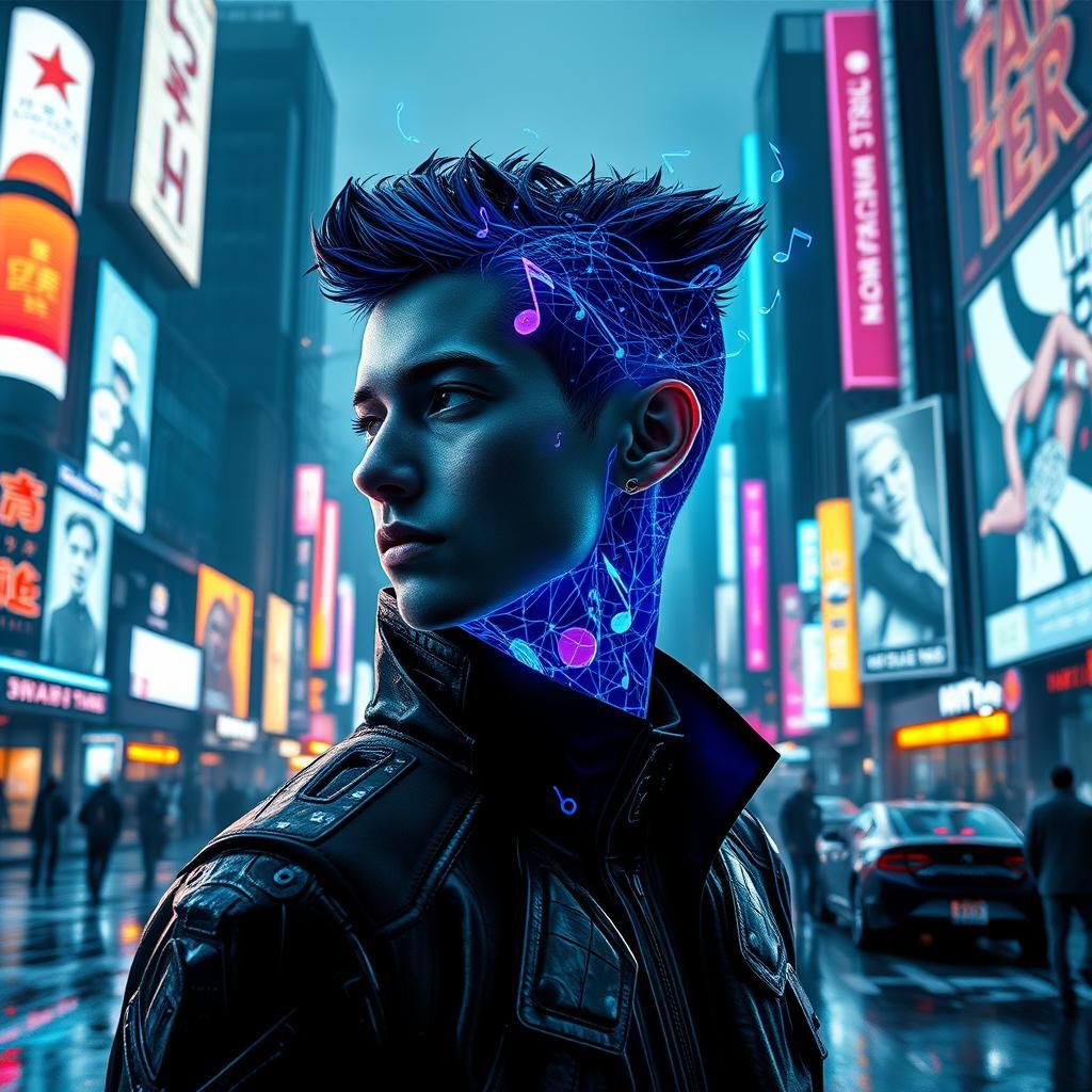 Musical Aura Emanating From Man in Cyberpunk City