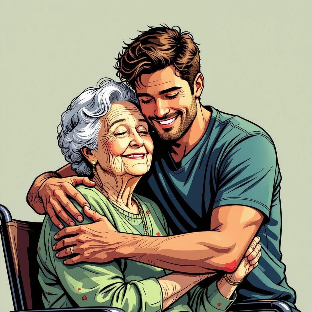 Touching Son-Mother Moment in Comic Book Style