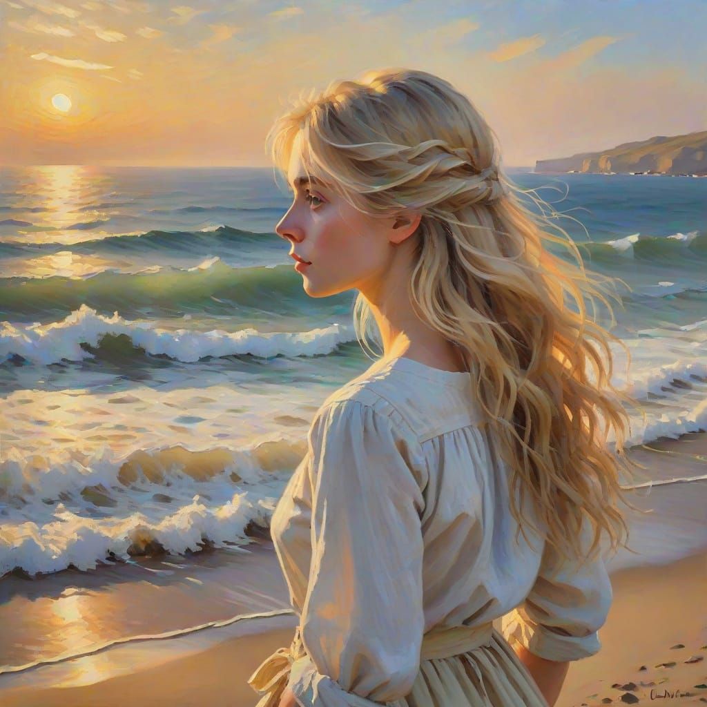 Impressionist Oil Painting of Girl by the Sea