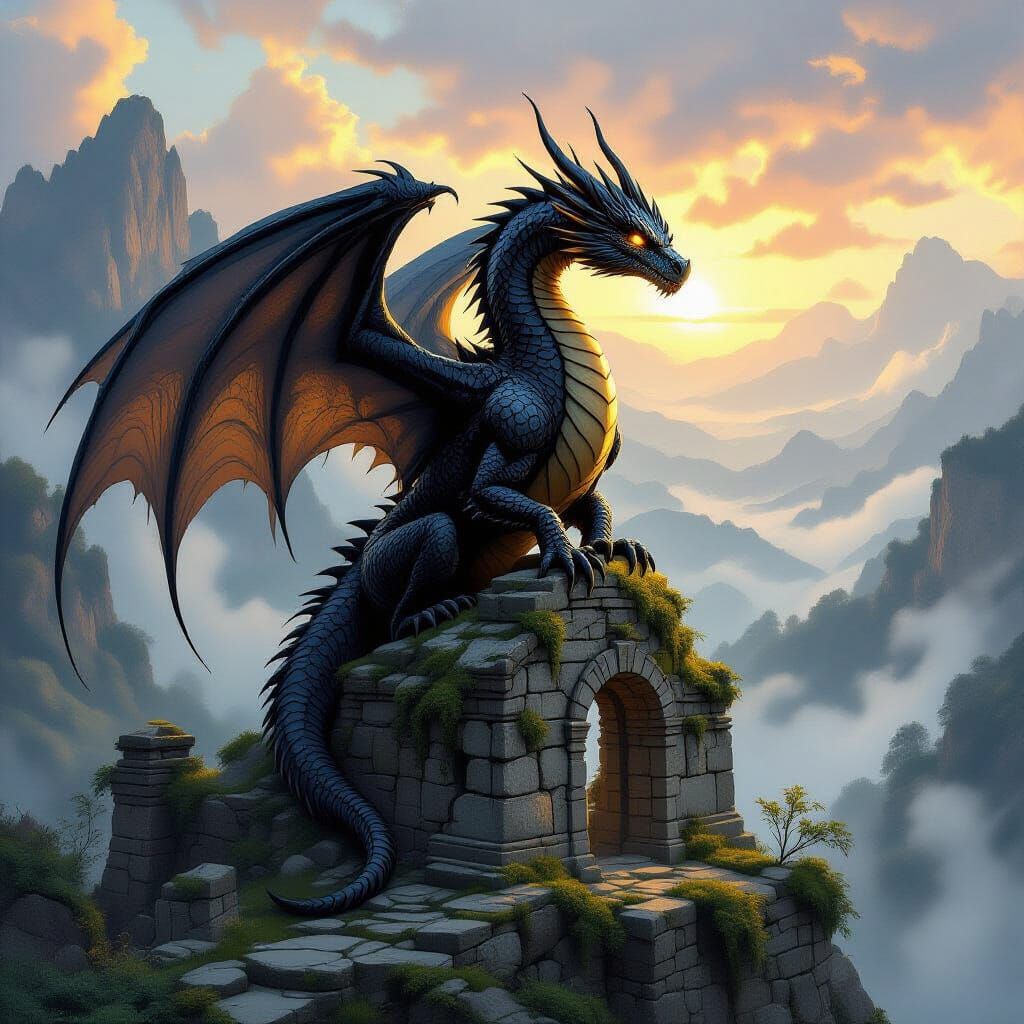 Ancient Obsidian Dragon Over Misty Valley at Dawn