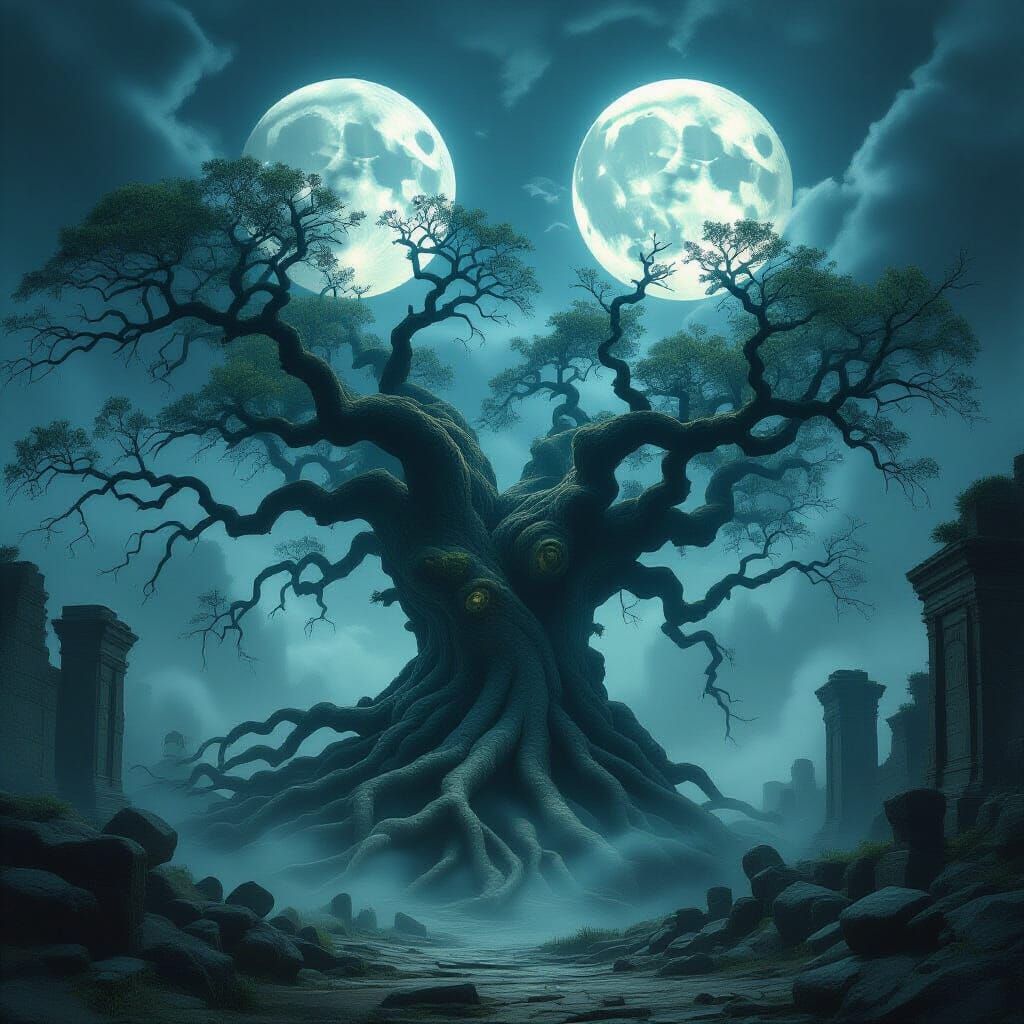 Ancient Tree Roots Encircle Ruins Under Double Moon Glow