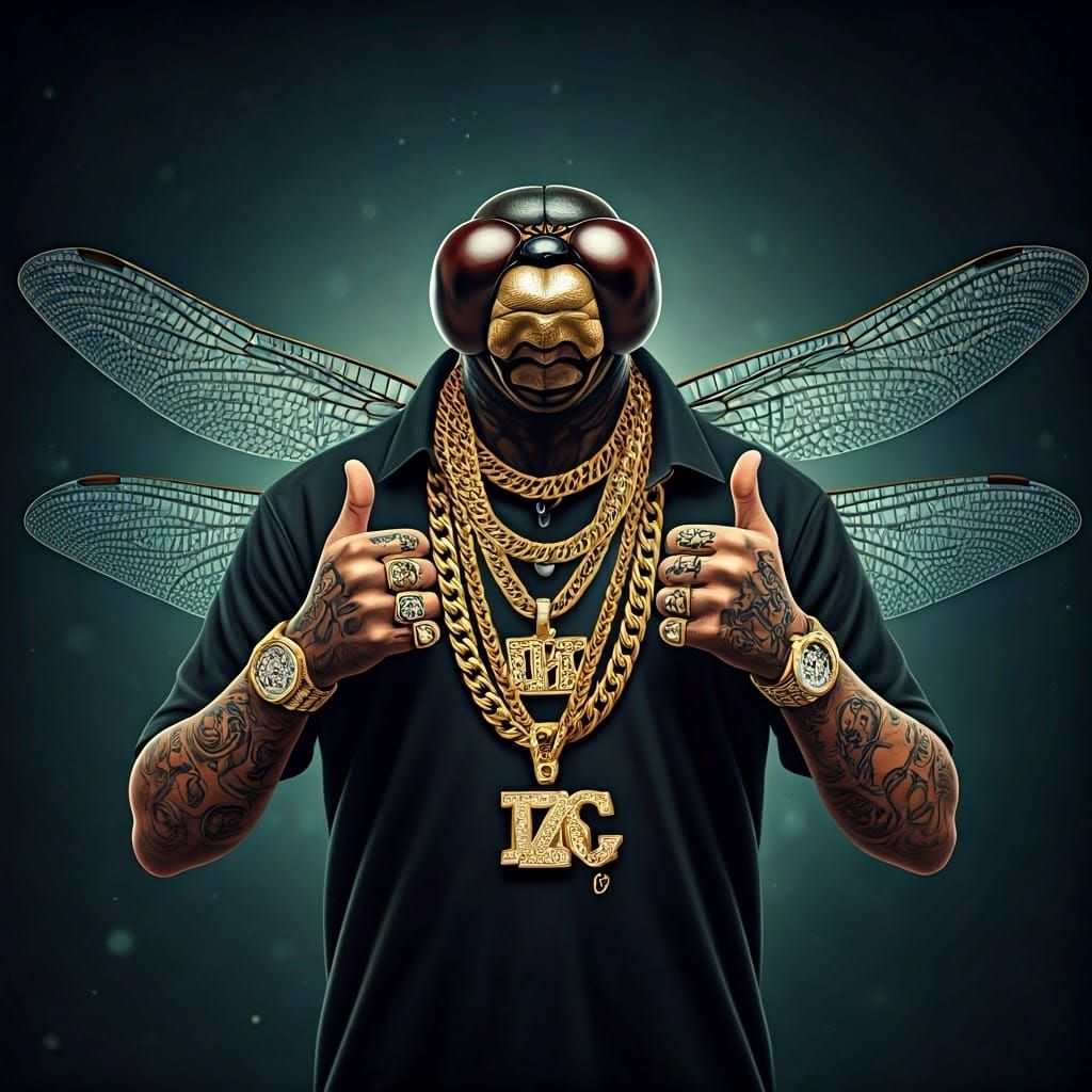 Hyper-Realistic Tattooed Dragonfly Rapper in Gritty Urban Se...