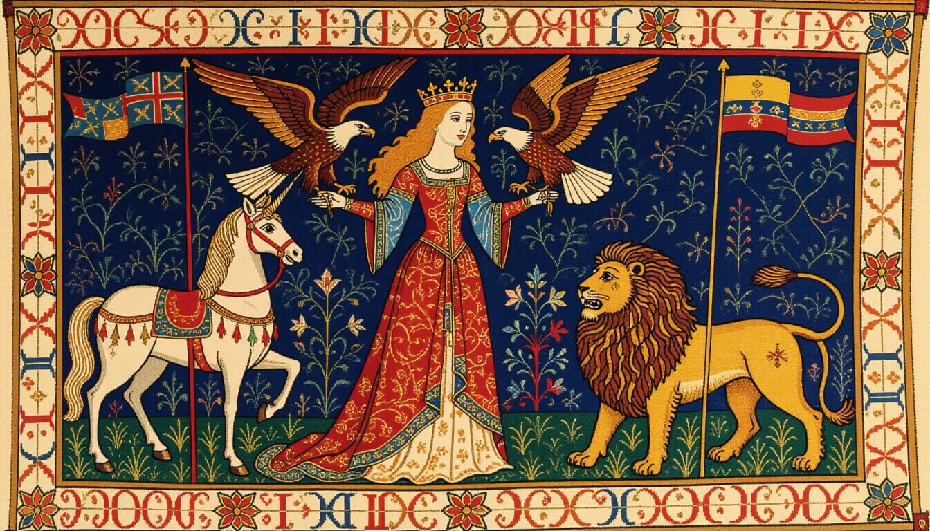 Medieval Tapestry: Princess with Eagle, Unicorn, and Lion