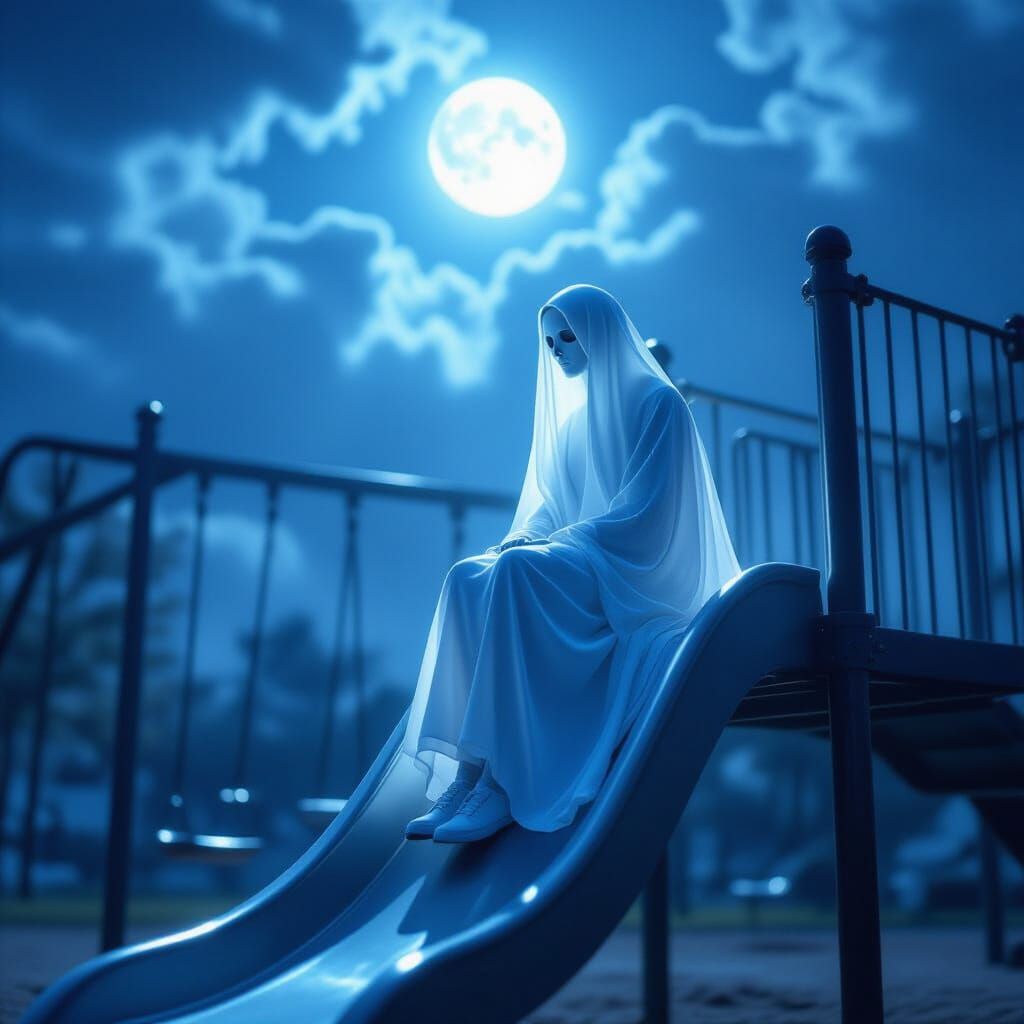 Ethereal Ghost on Playground Slide Under Moonlight