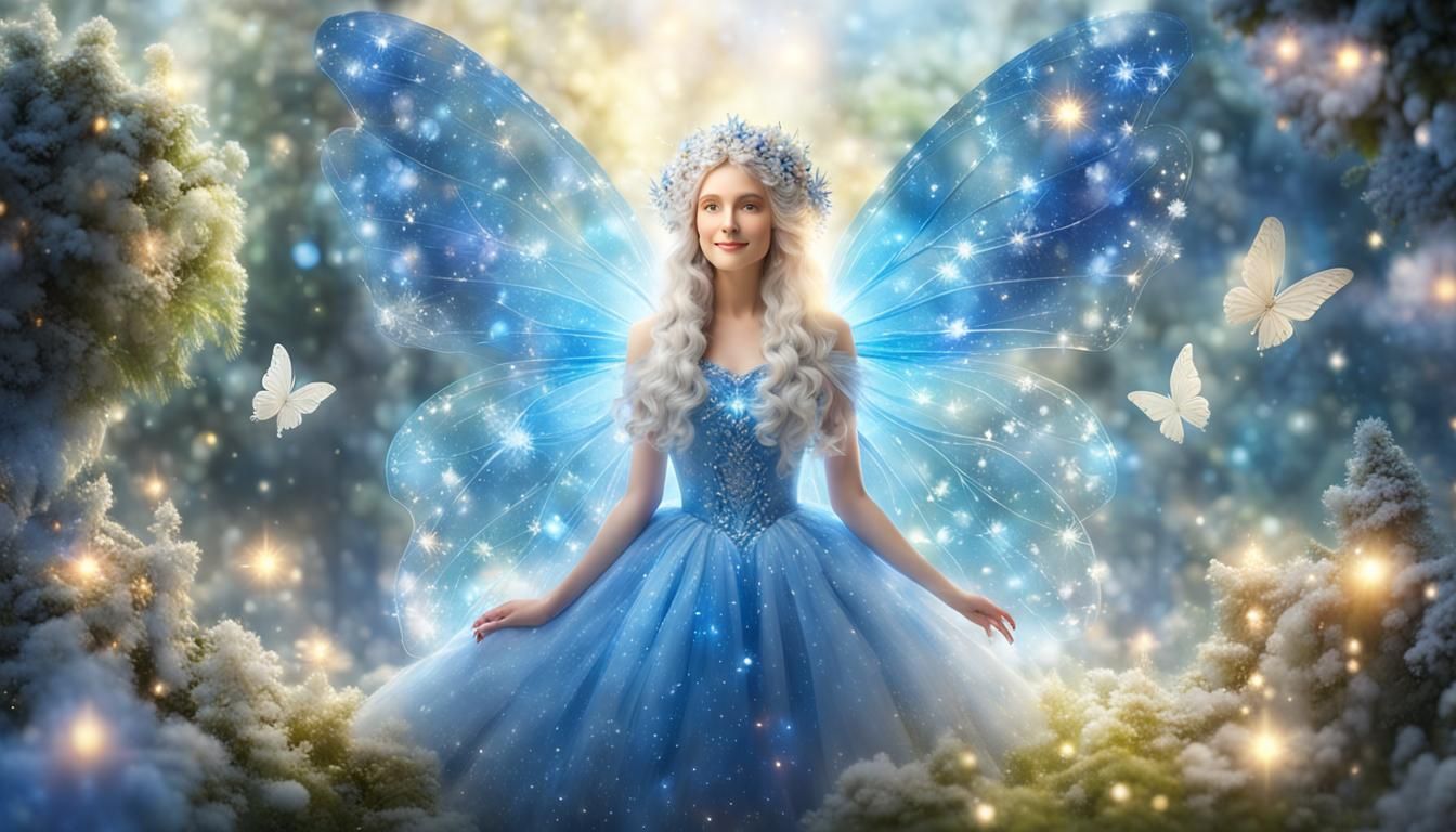 Smiling Fairy with Crystal Wings in Garden