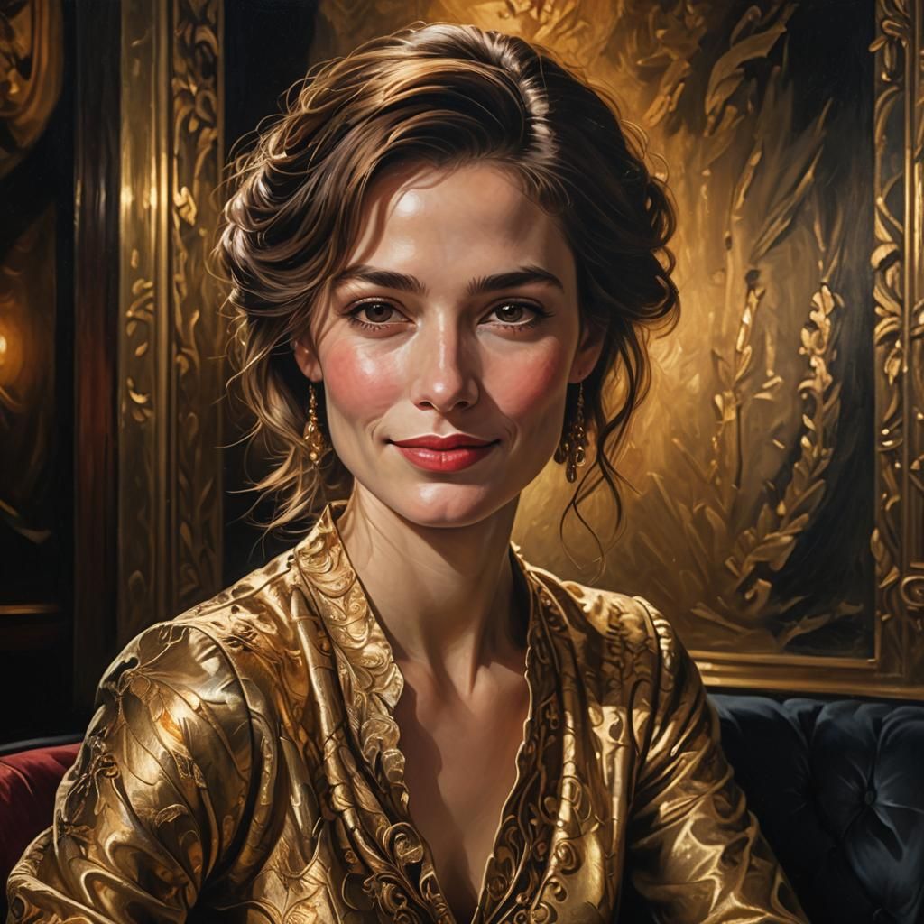 Elegant Woman with Enigmatic Smile as Oil Painting