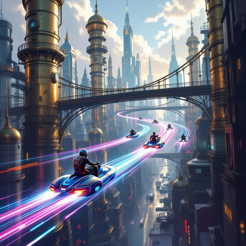 Futuristic Hoverboard Race in Steampunk Metropolis Poster