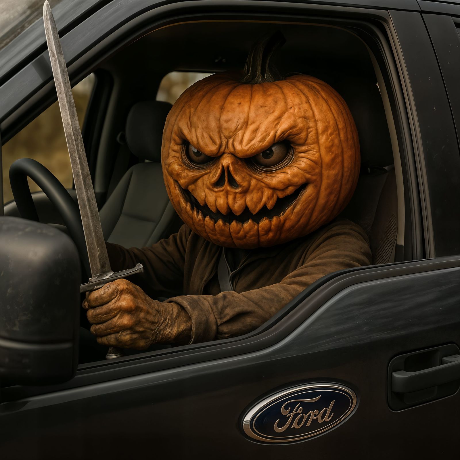 Fierce Pumpkin Warrior in Hyper Realistic Ford Truck