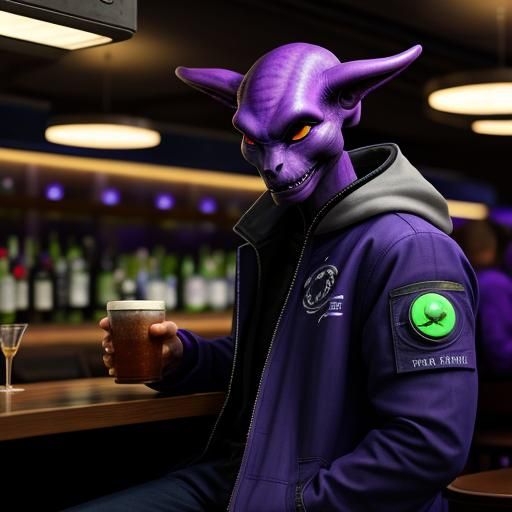 An alien star trader sitting at the bar in a canteen on a small orbital outpost. Human looking but a little purplish and...
