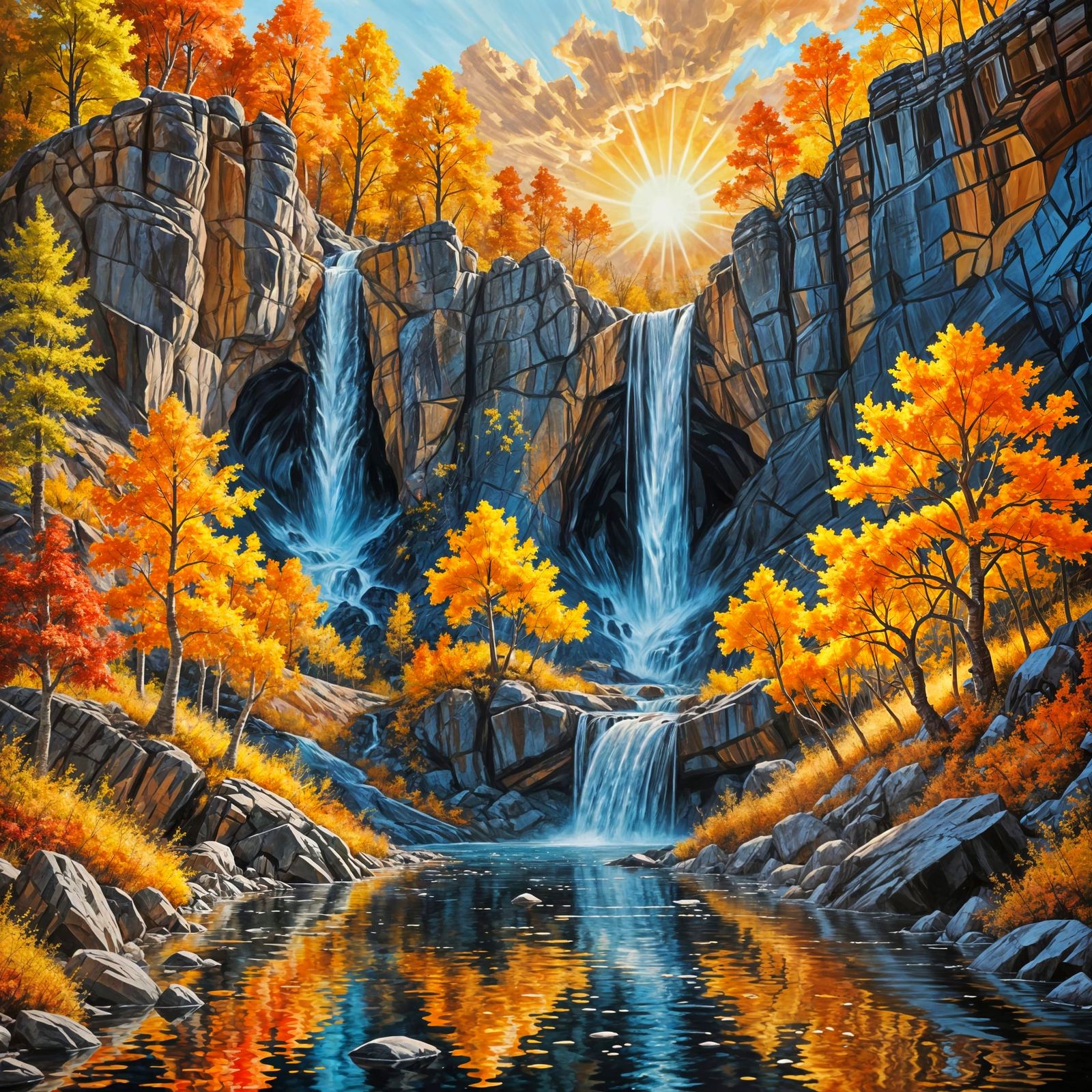 Golden Autumn Waterfalls Amidst Intricate Rock Formations