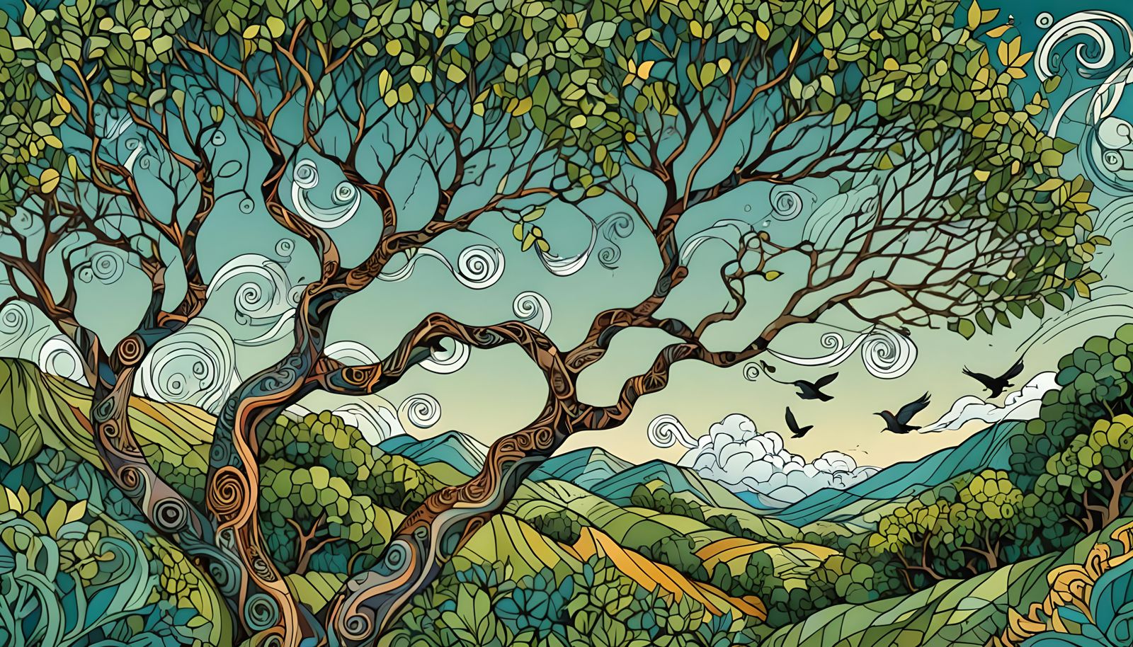 Windy Day Trees with Fractal Wave Design