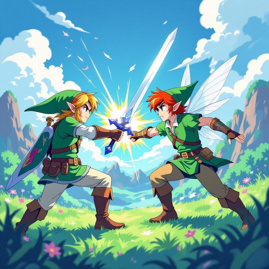 Link and Peter Pan Sword Fight in Anime Style