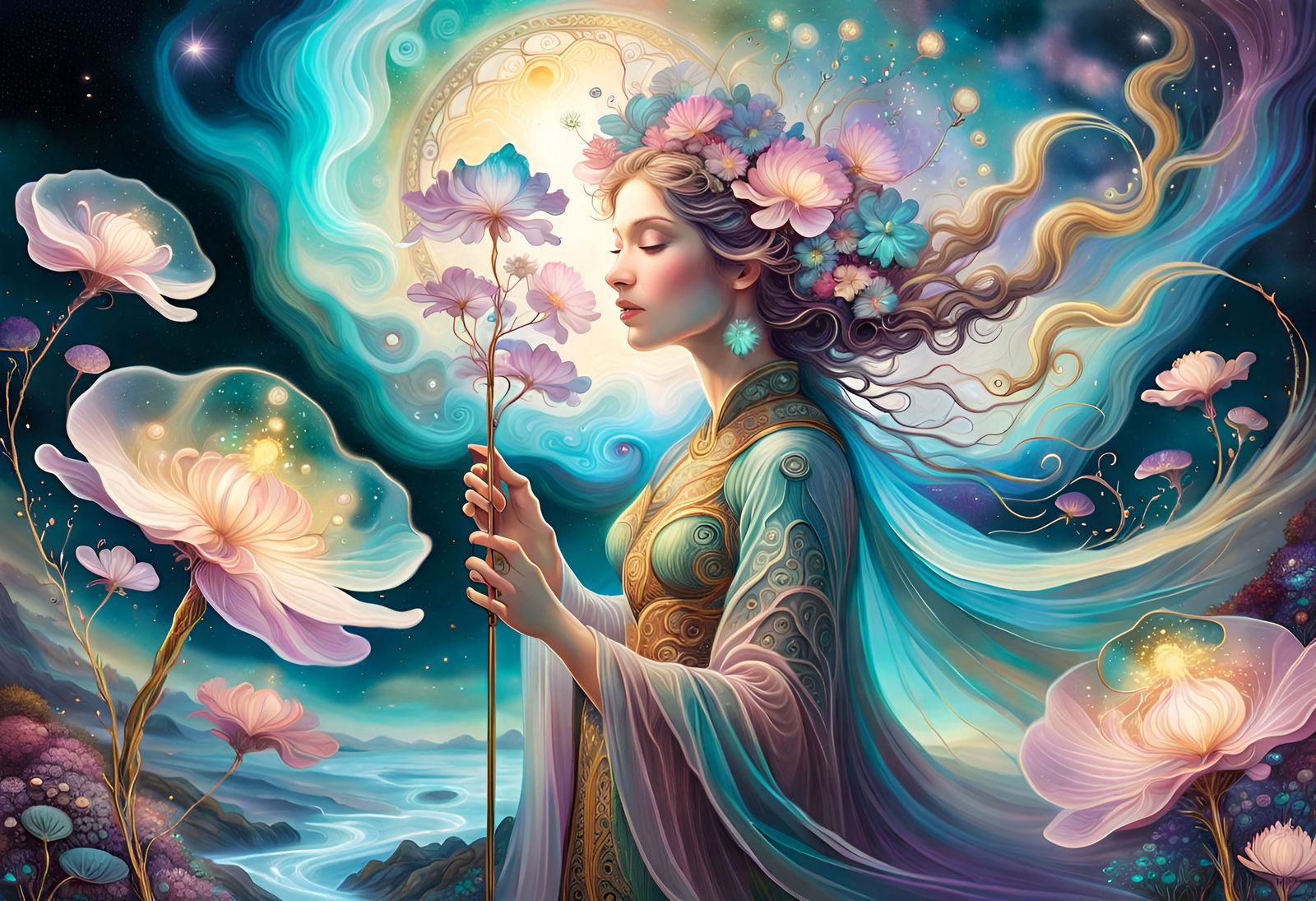 Magic Wand and Bioluminescent Flowers in Fantasy Scene