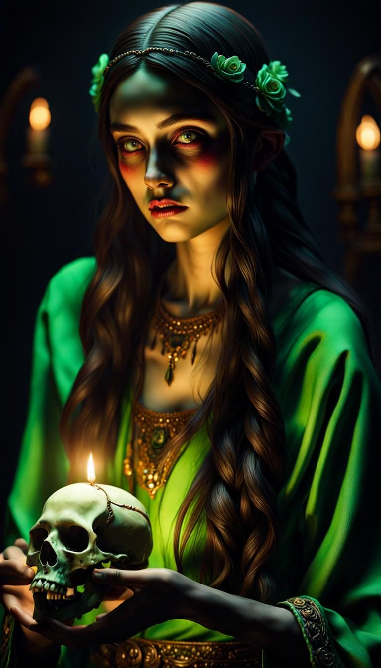 Zombie Girl with Skull in Renaissance Horror Style