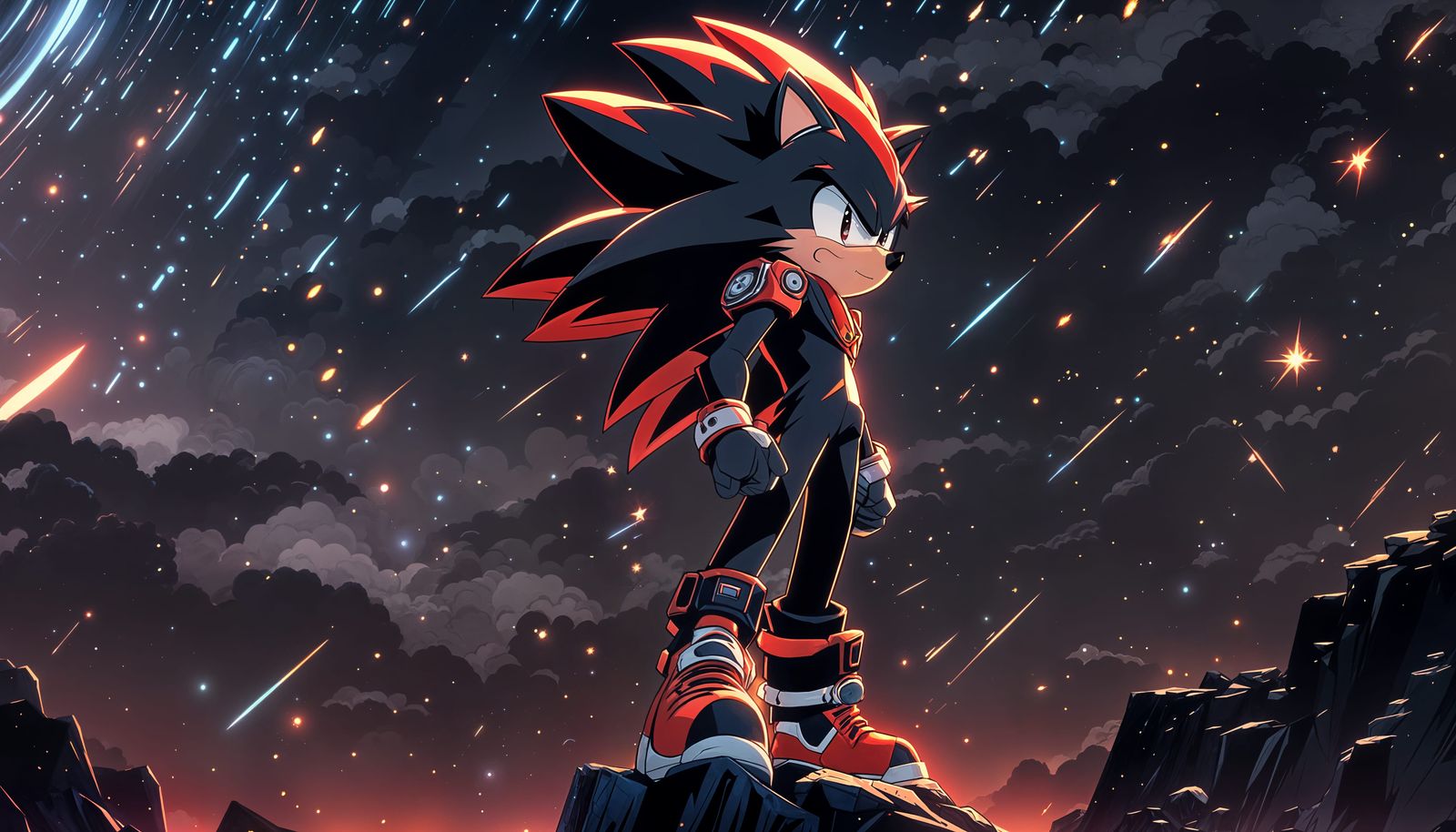 Shadow the Hedgehog Under Shooting Stars in Anime Style