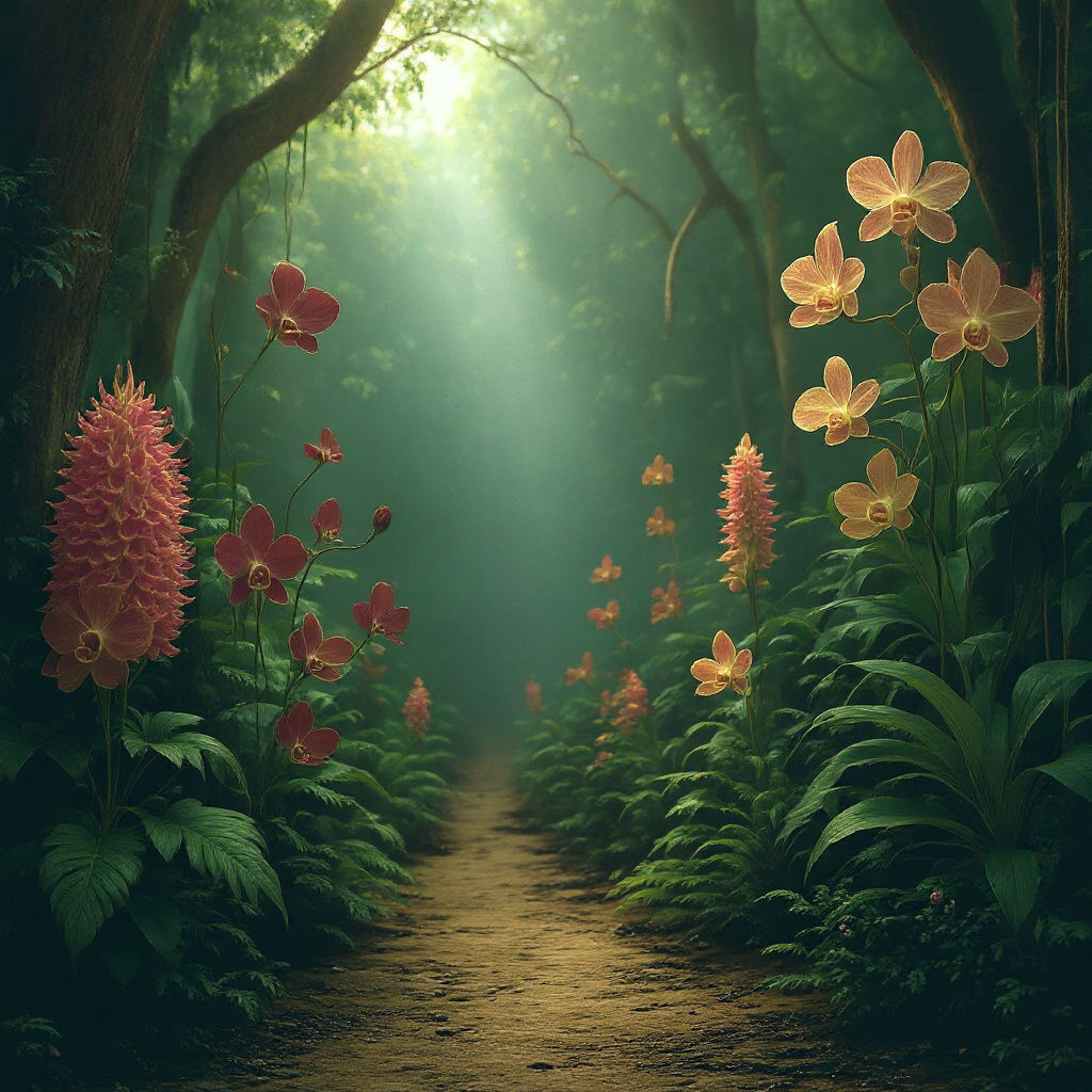 Lush Rainforest Abundant with Orchids