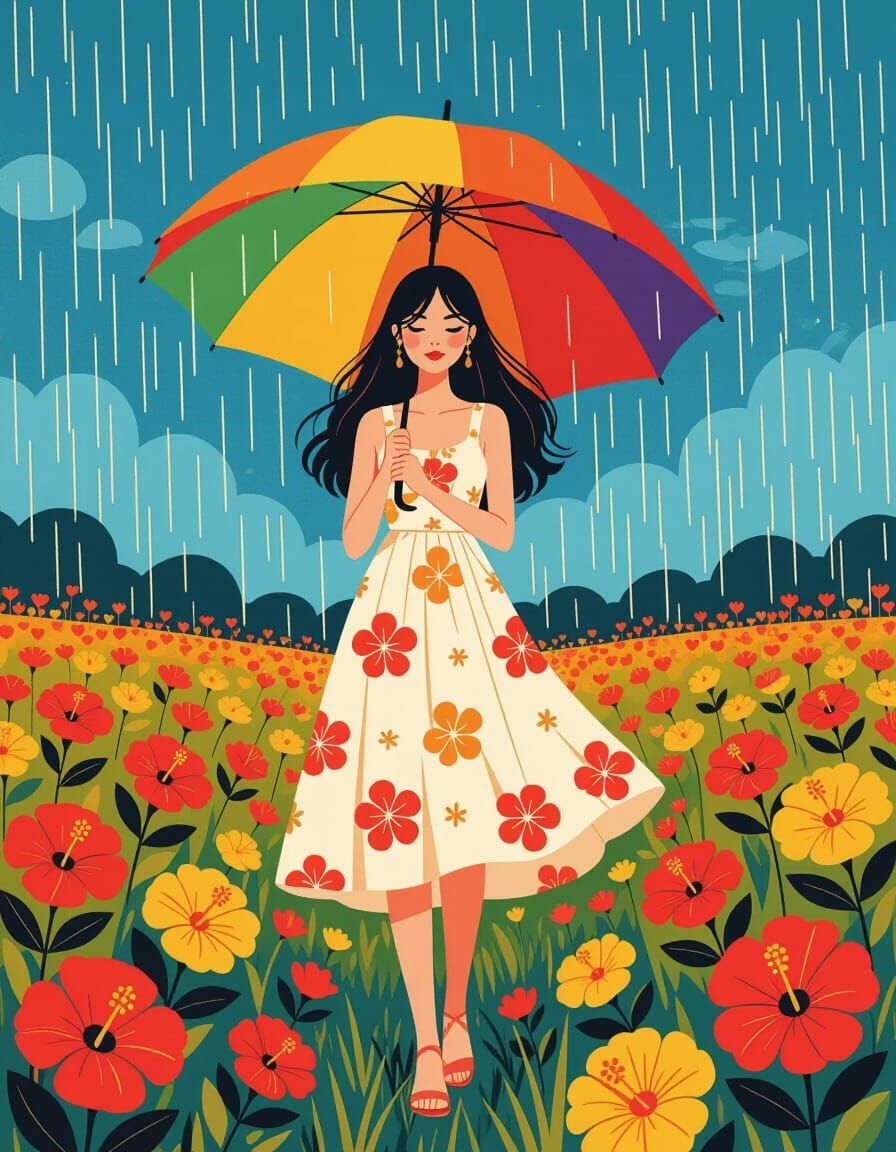 Woman with Umbrella in Hibiscus Field, Surreal Art