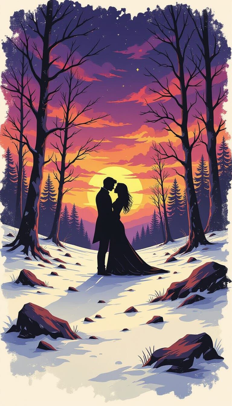 Romantic Silhouetted Couple in Windswept Forest