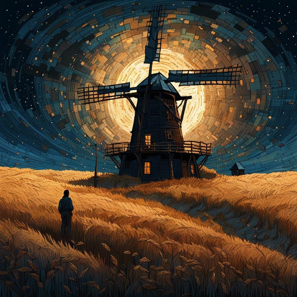 Oat Field Windmill Under Night Sky
