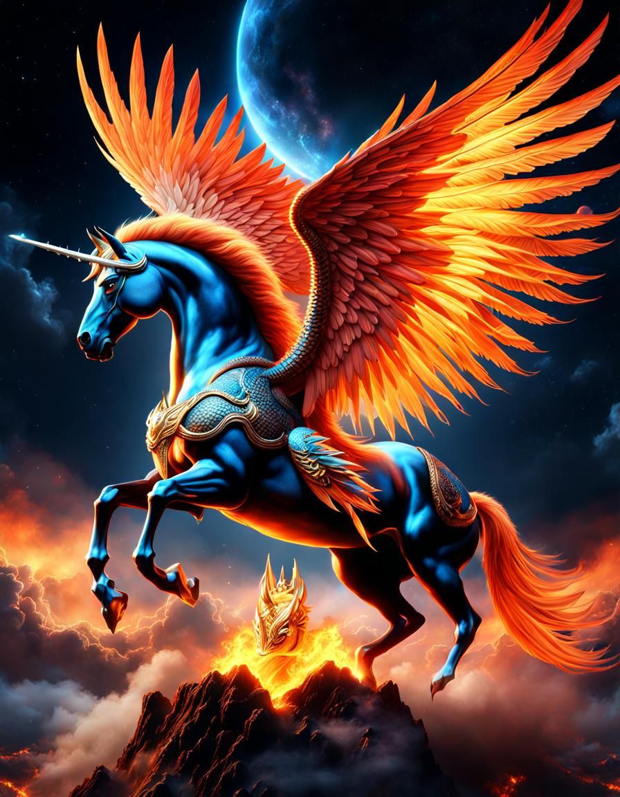 Fiery Pegasus with Dragon Wings in Heaven