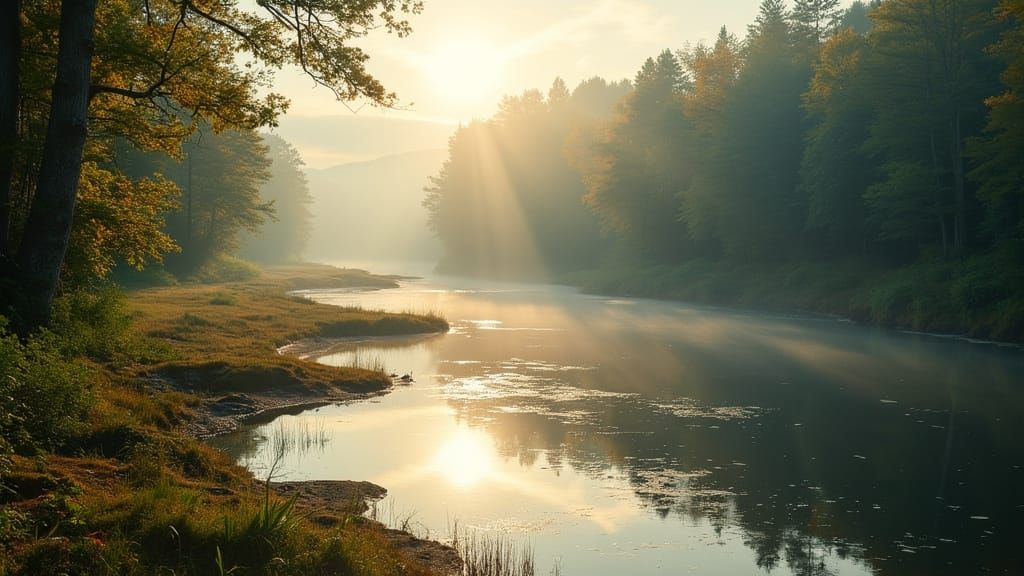 Mystical Morning Landscape with River in Photorealistic Styl...