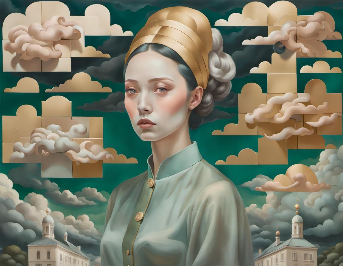 Sad Woman Assembling Life Puzzle in Stormy Twilight