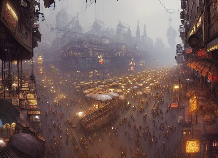 Steampunk City Street Market in Detailed Matte Painting