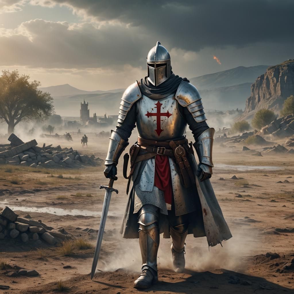 Hyperrealistic Knight Templar on Battlefield in 8K