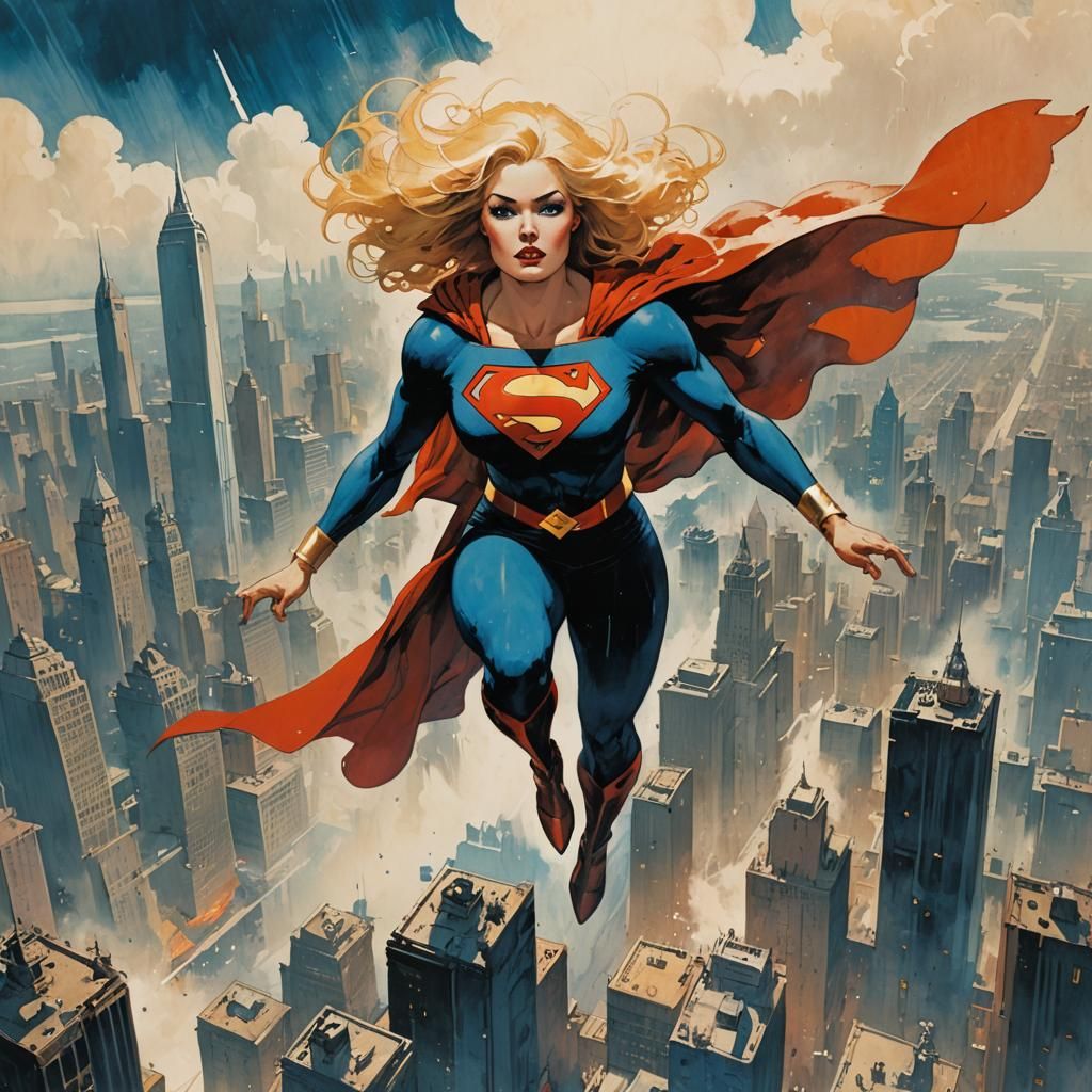 Supergirl Over Metropolis in Comic Book Style