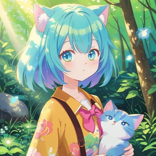 Anime Cat Girl in Forest: Vibrant Oil Painting