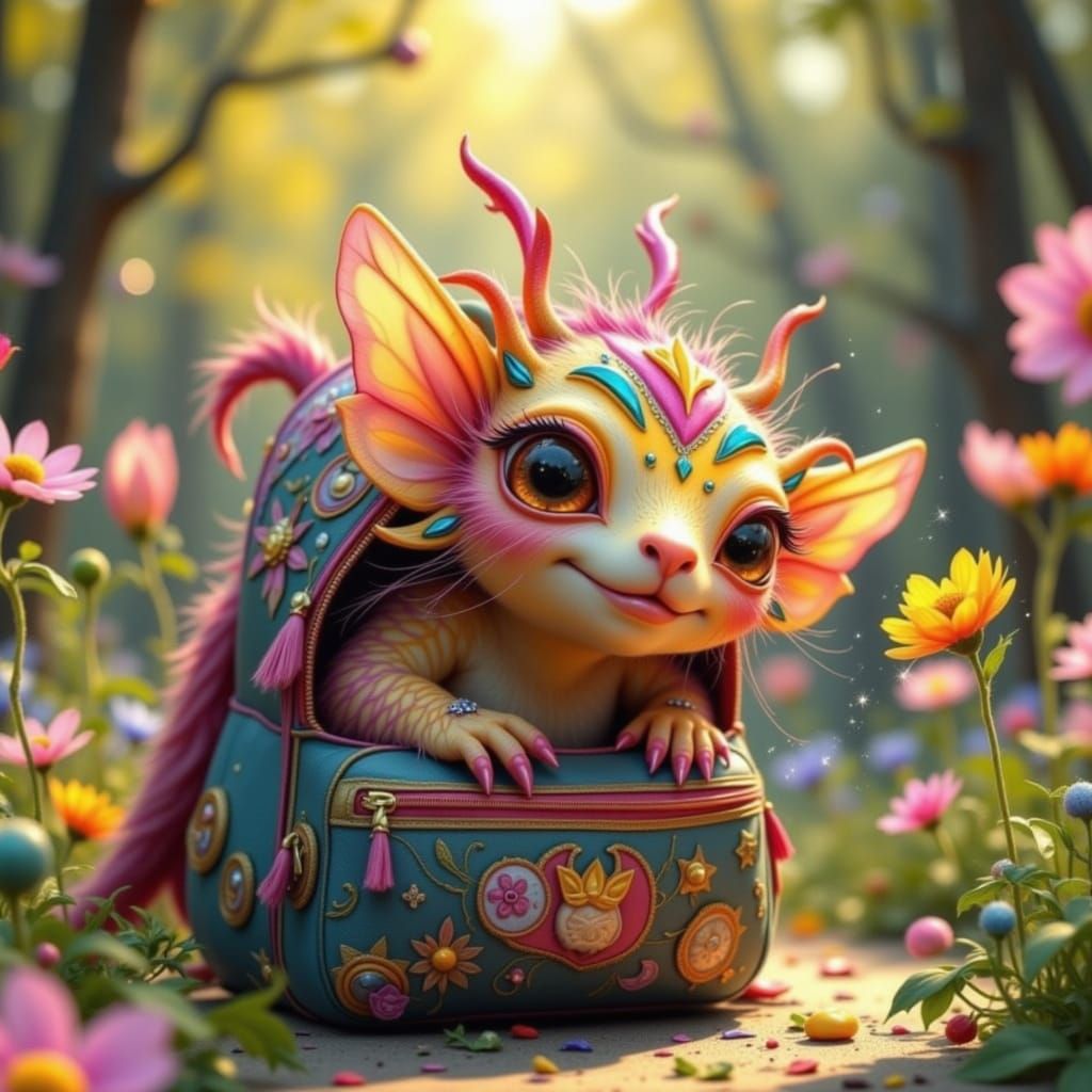 Whimsical Creature Peeking from Backpack in Storybook Style