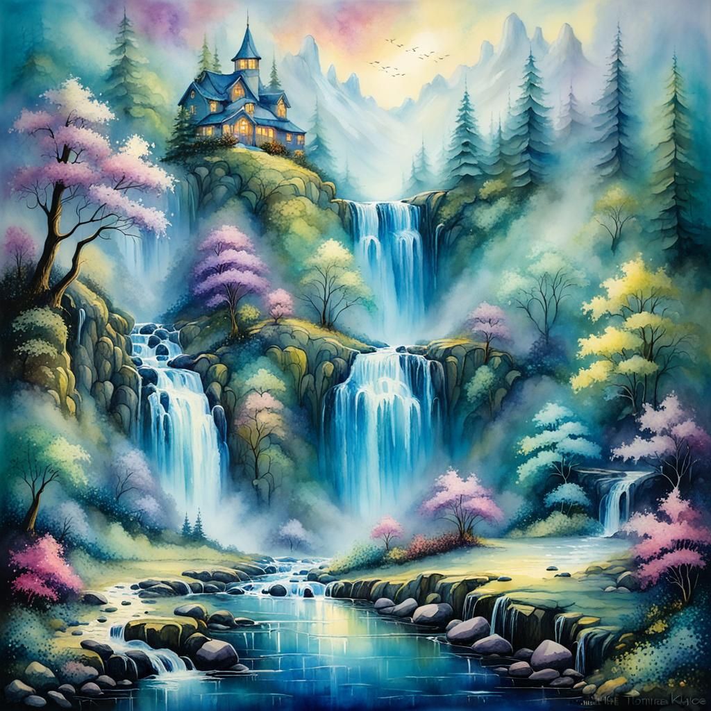 Ethereal Waterfalls in Alcohol Ink Landscape