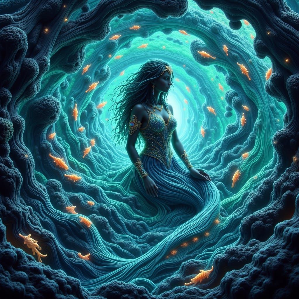 Mami Wata Rises from Ocean Vortex in Art Nouveau Style