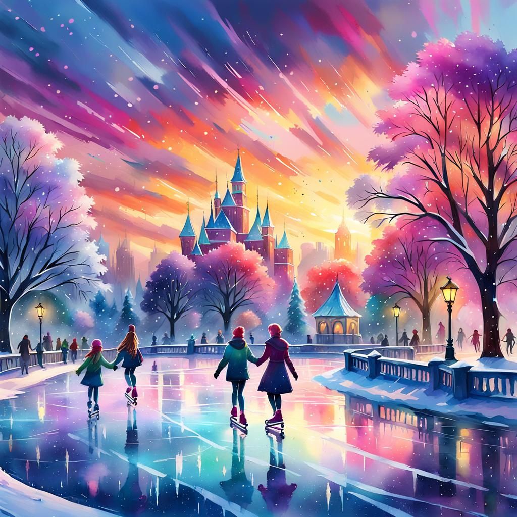 Winter Ice Skating in Park: Watercolor Pastel Sunset