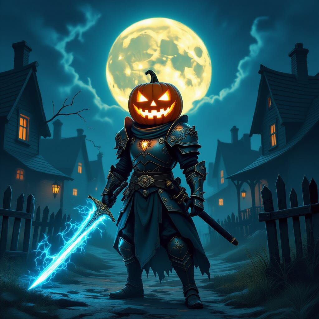 Pumpkin Knight Wields Fiery Sword in Spooky Village
