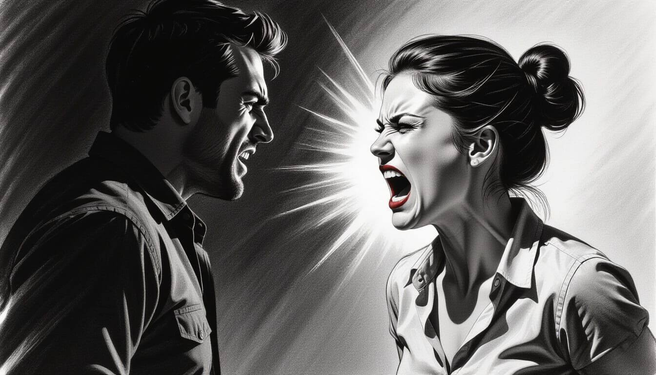 Defiant Woman Confronts Bullying Man in Charcoal Drawing