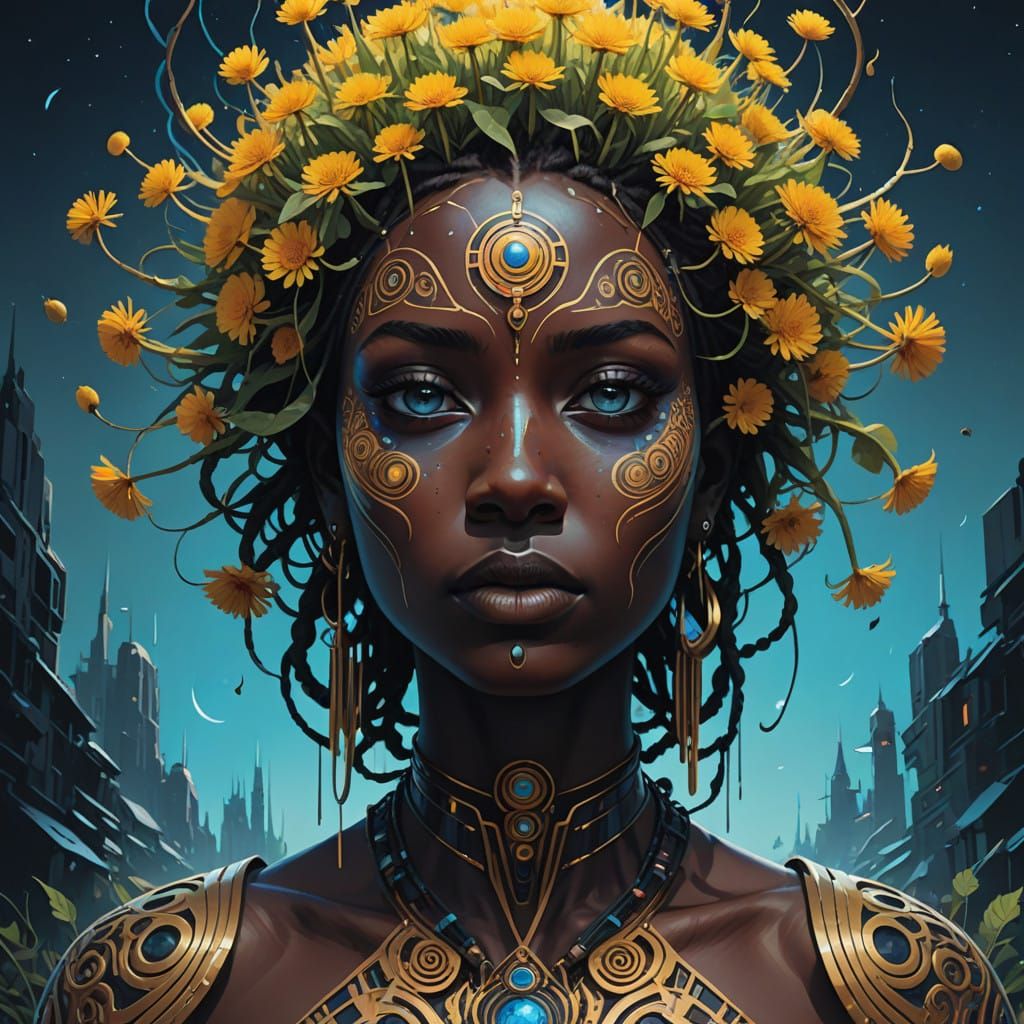 A head of a beautiful utopian man with dark skin and topaz b...