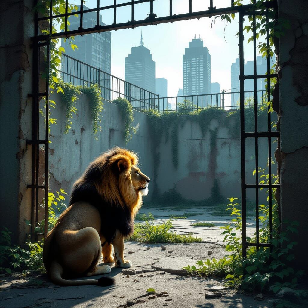 Lion in Abandoned Zoo, Post-Humanity