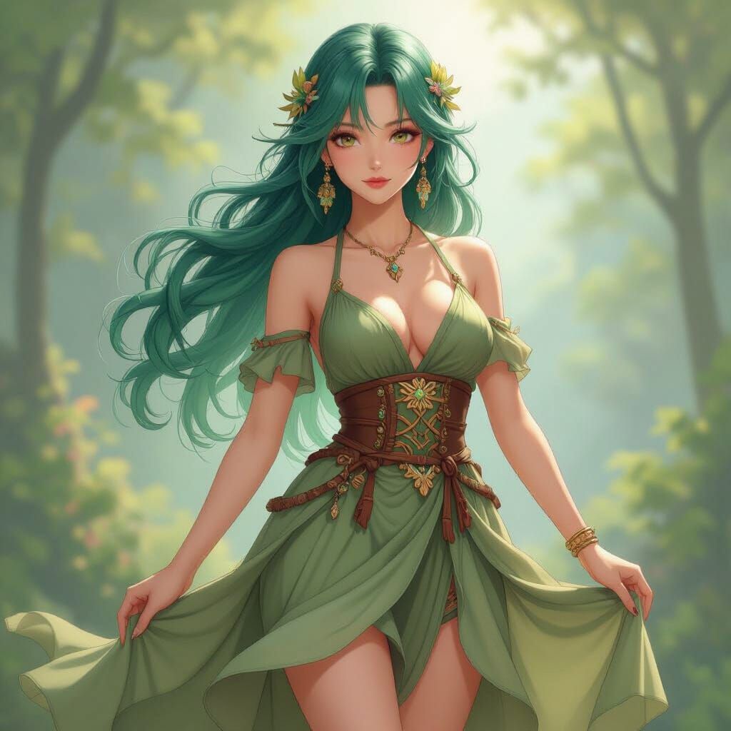 Elegant Anime Woman with Green Hair