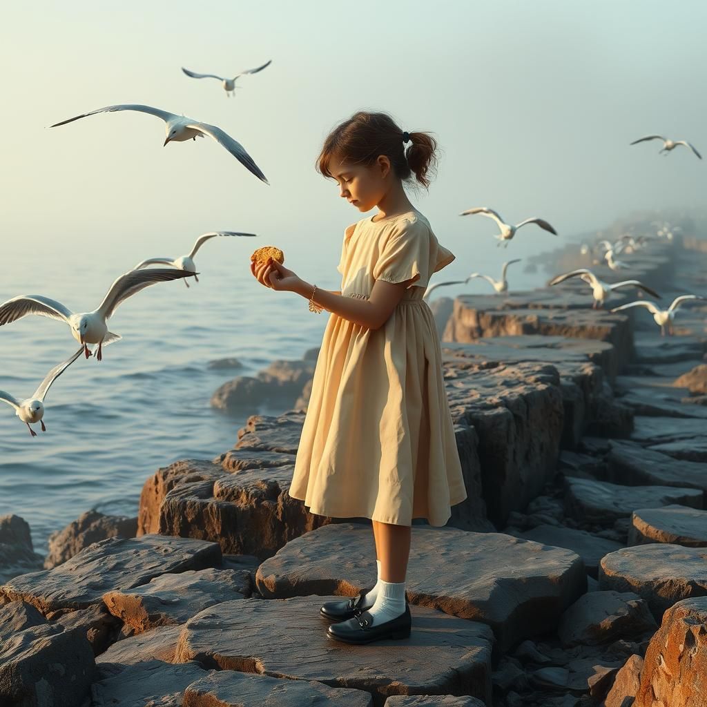 Girl Feeds Seagulls on Misty Coastline