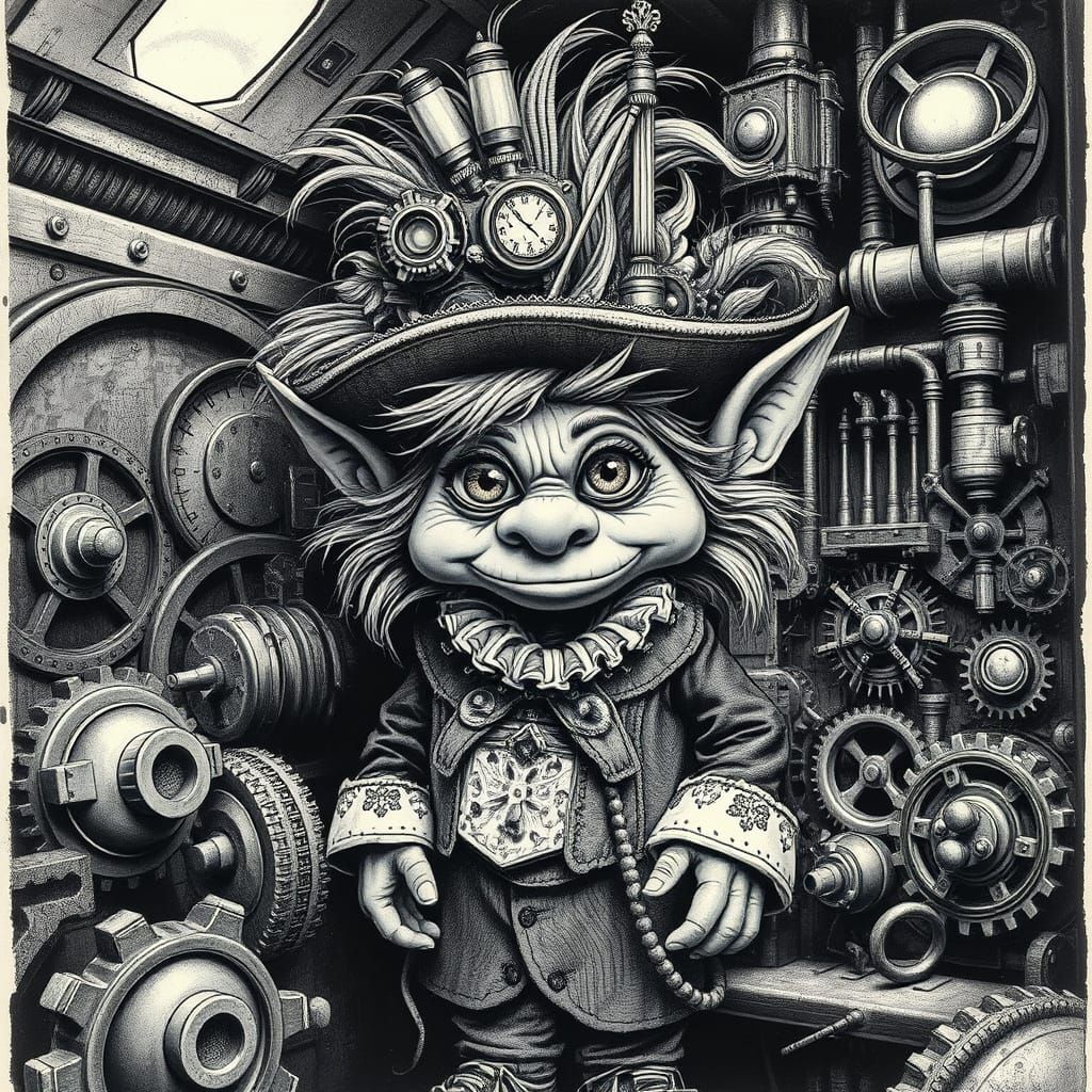 Steampunk Troll Doll in Airship Engine Room