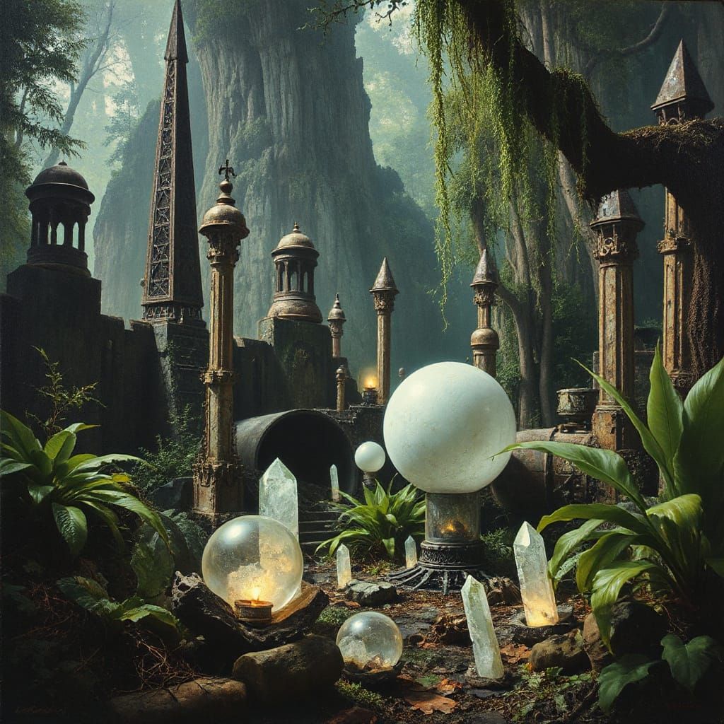 Buried remnants of metal spires and brilliant crystal orbs a...