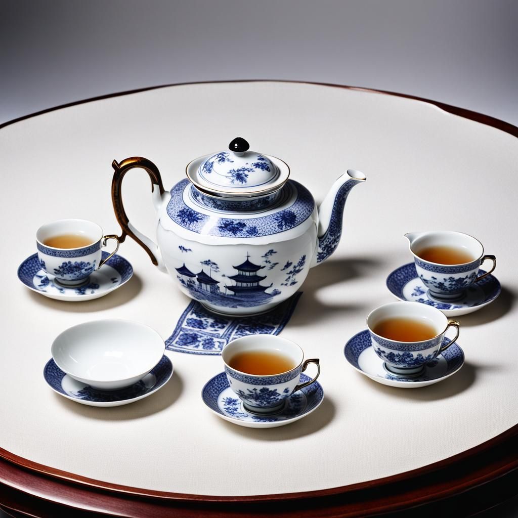 Chinese Porcelain Tea Set on Embroidered Cloth